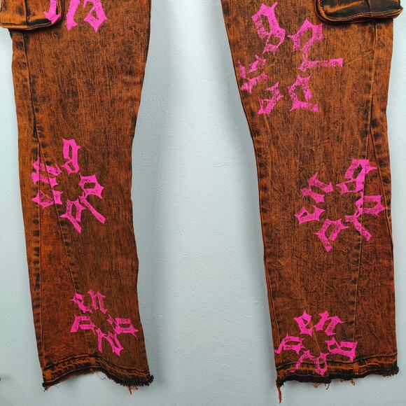 Golden Syndicate Cargo Jeans Mens 34 NWOT Orange Acid Wash Stamped Rocker - Picture 5 of 10